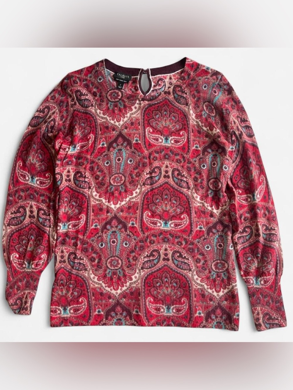 Talbots Petites Red Paisley Pure Merino Wool Lightweight Sweater